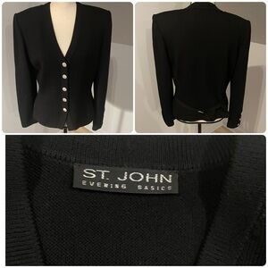 St. John Evening Basics Santana Knit Jacket Size 10 Black Jeweled Buttons Luxury